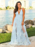 Light Blue V Neck Criss Cross Tulle Prom Dress LBQ1606
